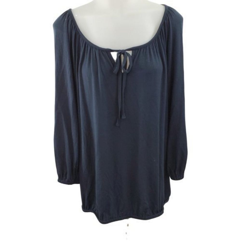 Joan Vass Top XL Navy Blue Peasant Tie Boho Scoop
